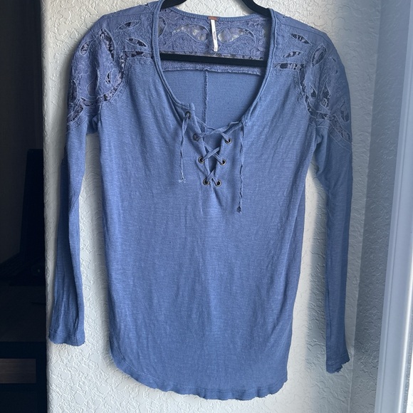 Free People Tops - Free People Blue Soft Boho Distressed Henley Long Sleeve Pullover Lace Shirt XS